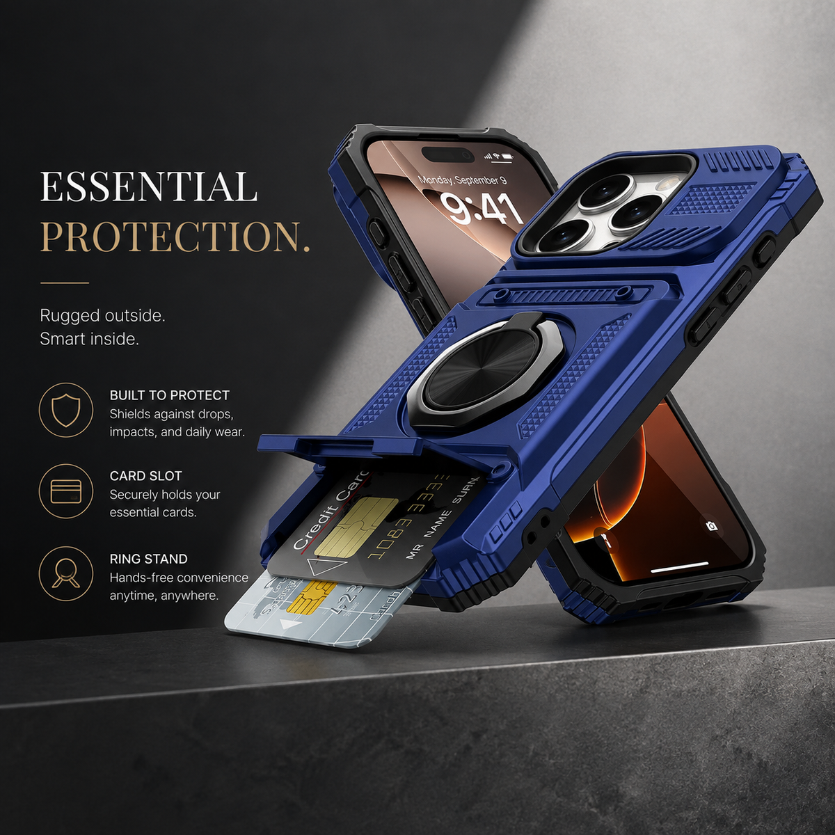 Premium iPhone Case Magnetic Armor Card Slot Wallet Kickstand Shockproof Plastic Silicone Holder Anti Drop Reinforced Protective Bumper Cover Case