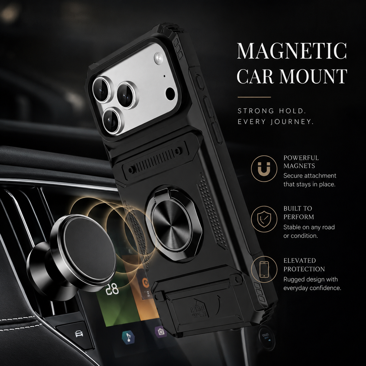 Premium iPhone Case Magnetic Armor Card Slot Wallet Kickstand Shockproof Plastic Silicone Holder Anti Drop Reinforced Protective Bumper Cover Case