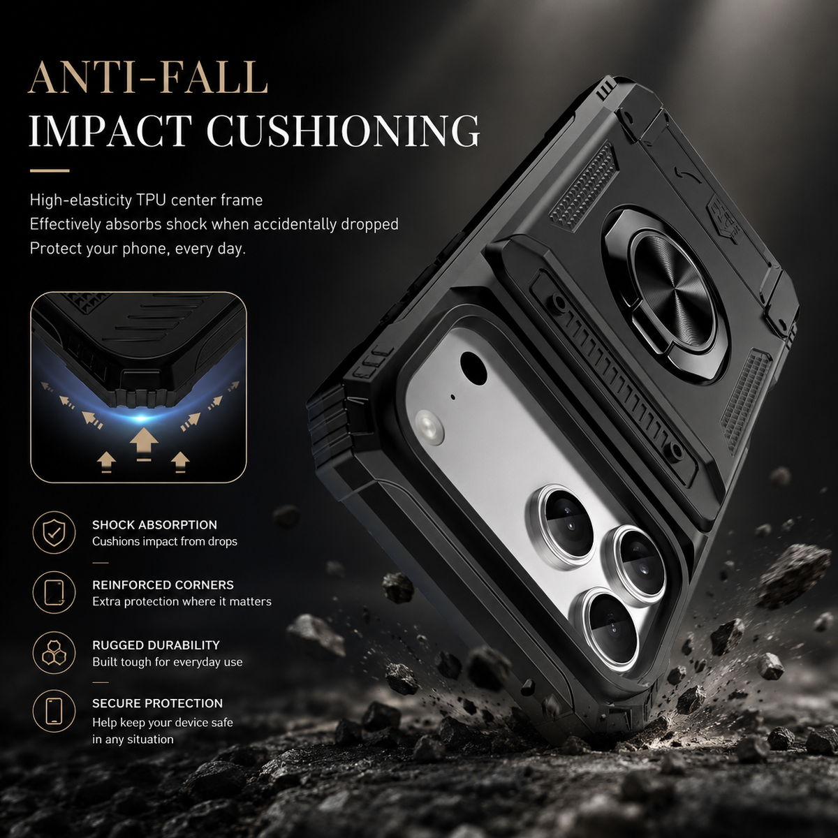 Premium iPhone Case Magnetic Armor Card Slot Wallet Kickstand Shockproof Plastic Silicone Holder Anti Drop Reinforced Protective Bumper Cover Case