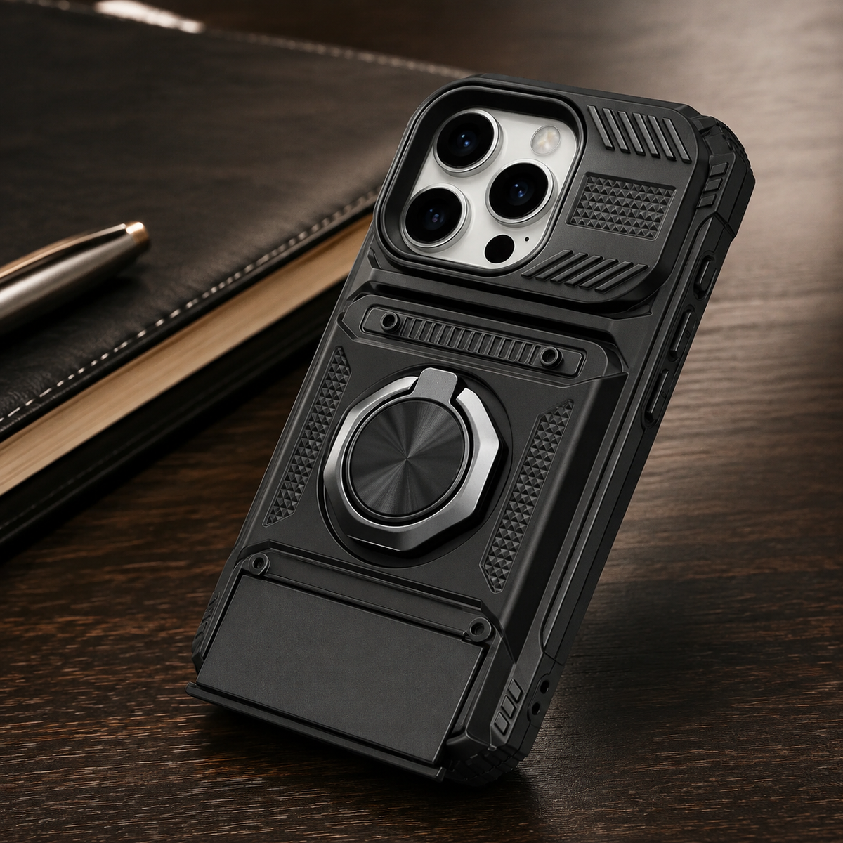 Premium iPhone Case Magnetic Armor Card Slot Wallet Kickstand Shockproof Plastic Silicone Holder Anti Drop Reinforced Protective Bumper Cover Case