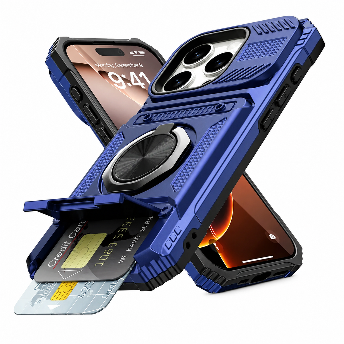 Premium iPhone Case Magnetic Armor Card Slot Wallet Kickstand Shockproof Plastic Silicone Holder Anti Drop Reinforced Protective Bumper Cover Case
