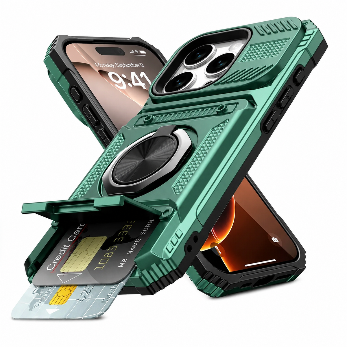 Premium iPhone Case Magnetic Armor Card Slot Wallet Kickstand Shockproof Plastic Silicone Holder Anti Drop Reinforced Protective Bumper Cover Case