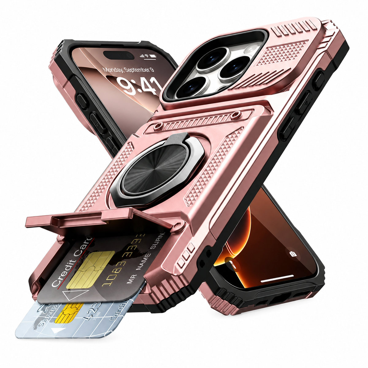 Premium iPhone Case Magnetic Armor Card Slot Wallet Kickstand Shockproof Plastic Silicone Holder Anti Drop Reinforced Protective Bumper Cover Case