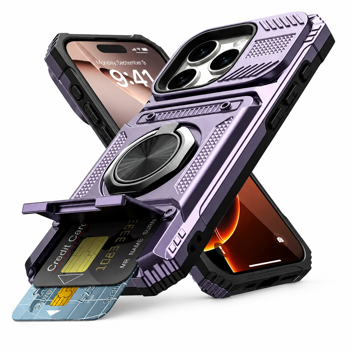 Premium iPhone Case Magnetic Armor Card Slot Wallet Kickstand Shockproof Plastic Silicone Holder Anti Drop Reinforced Protective Bumper Cover Case