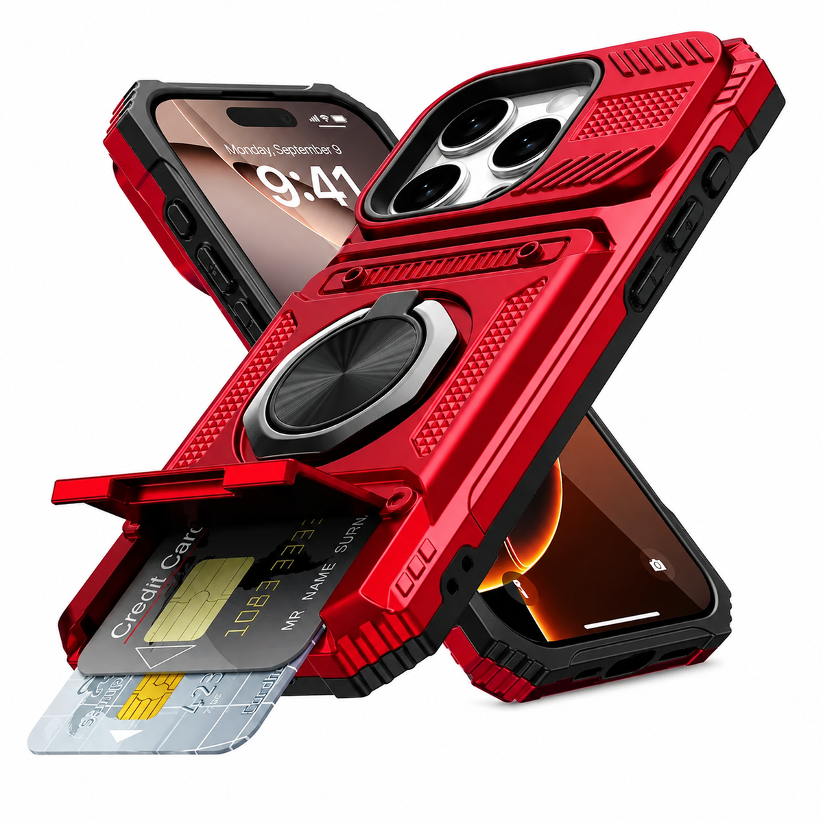 Premium iPhone Case Magnetic Armor Card Slot Wallet Kickstand Shockproof Plastic Silicone Holder Anti Drop Reinforced Protective Bumper Cover Case