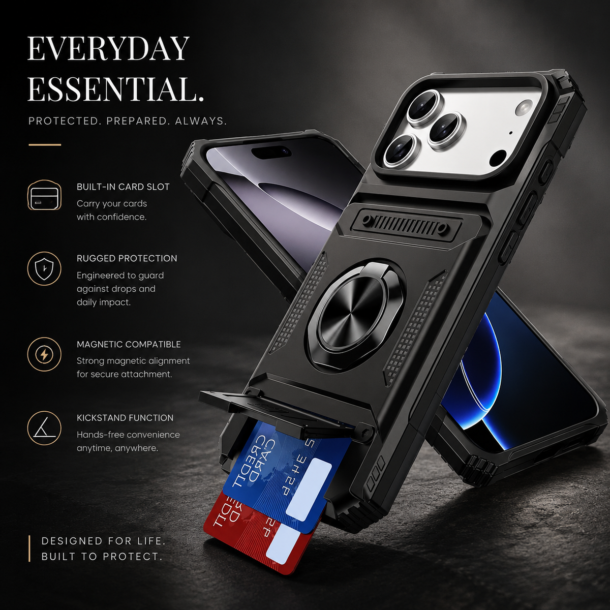 Premium iPhone Case Magnetic Armor Card Slot Wallet Kickstand Shockproof Plastic Silicone Holder Anti Drop Reinforced Protective Bumper Cover Case