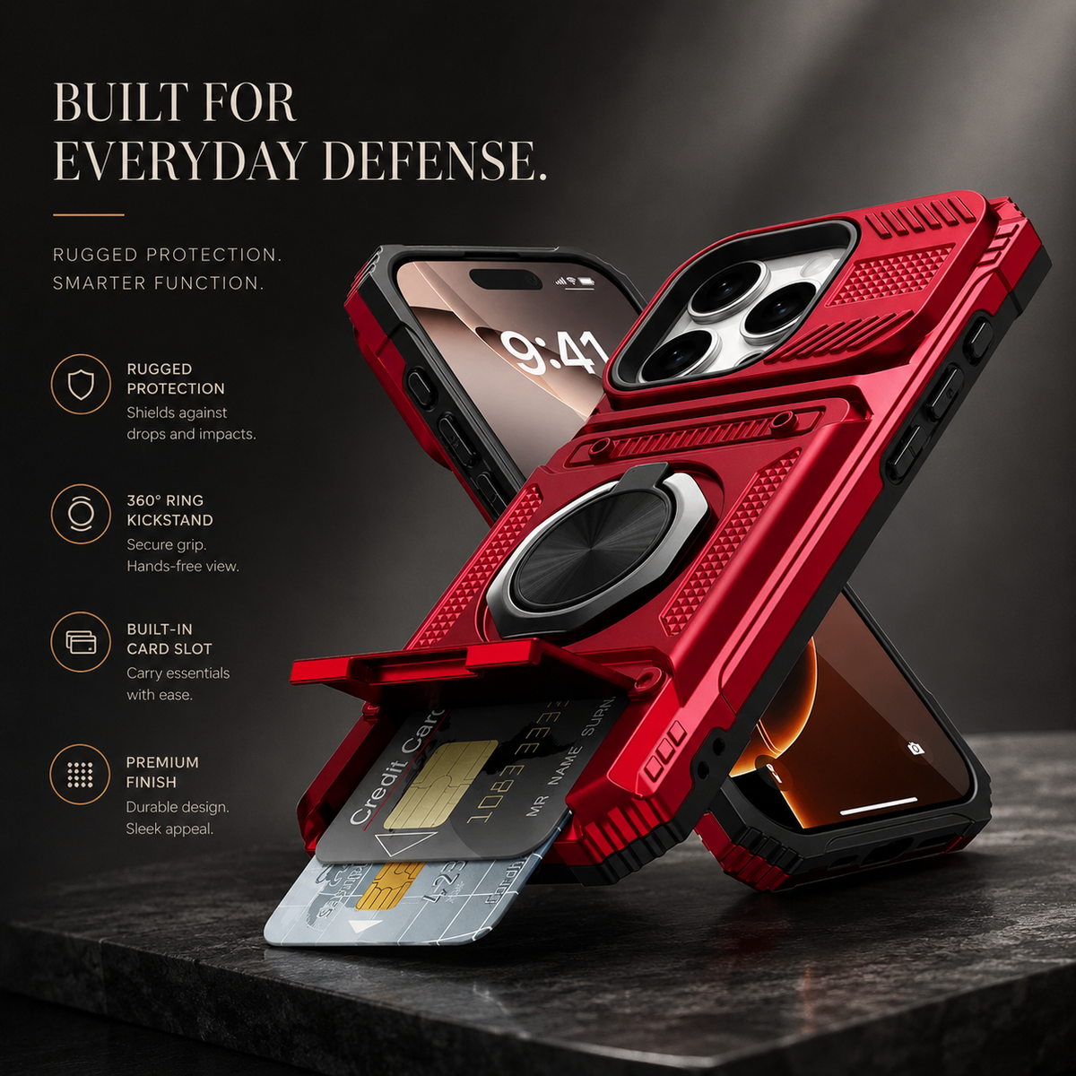 Premium iPhone Case Magnetic Armor Card Slot Wallet Kickstand Shockproof Plastic Silicone Holder Anti Drop Reinforced Protective Bumper Cover Case