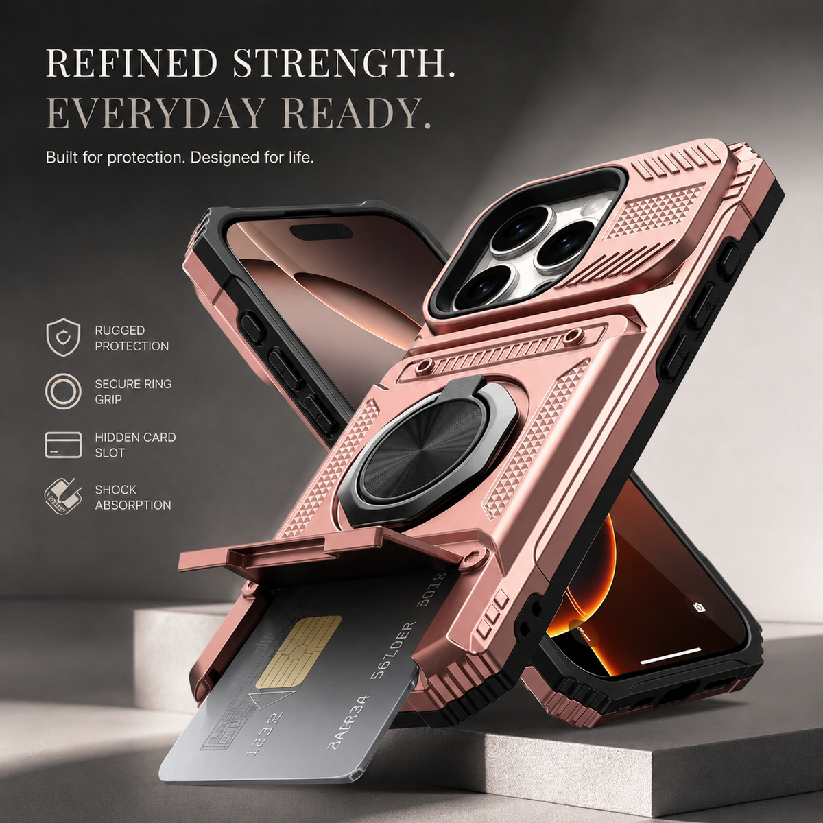 Premium iPhone Case Magnetic Armor Card Slot Wallet Kickstand Shockproof Plastic Silicone Holder Anti Drop Reinforced Protective Bumper Cover Case