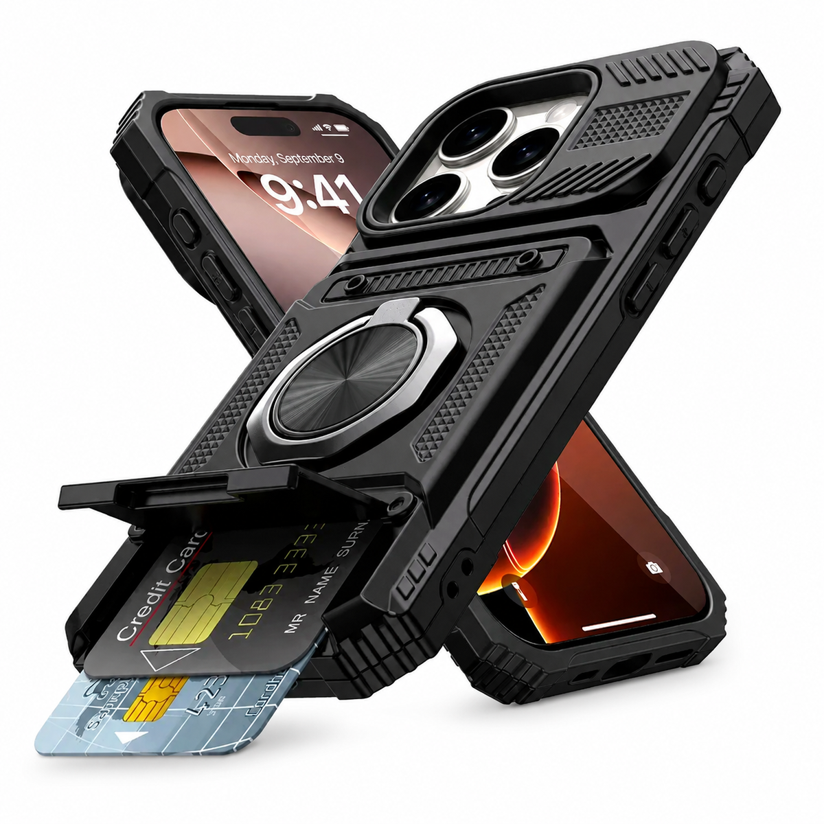 Premium iPhone Case Magnetic Armor Card Slot Wallet Kickstand Shockproof Plastic Silicone Holder Anti Drop Reinforced Protective Bumper Cover Case