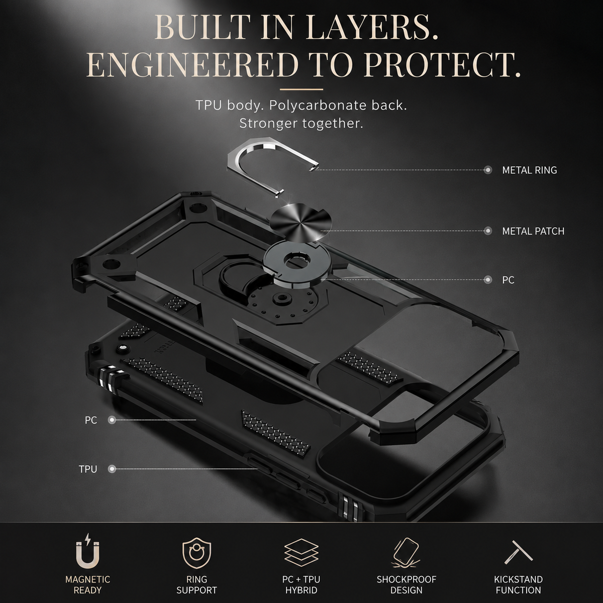 Premium iPhone Case Magnetic Armor Shockproof PC TPU Metal Ring Holder Dual Layer Anti Scratch Matte Non Slip Heavy Duty Protective Bumper Cover