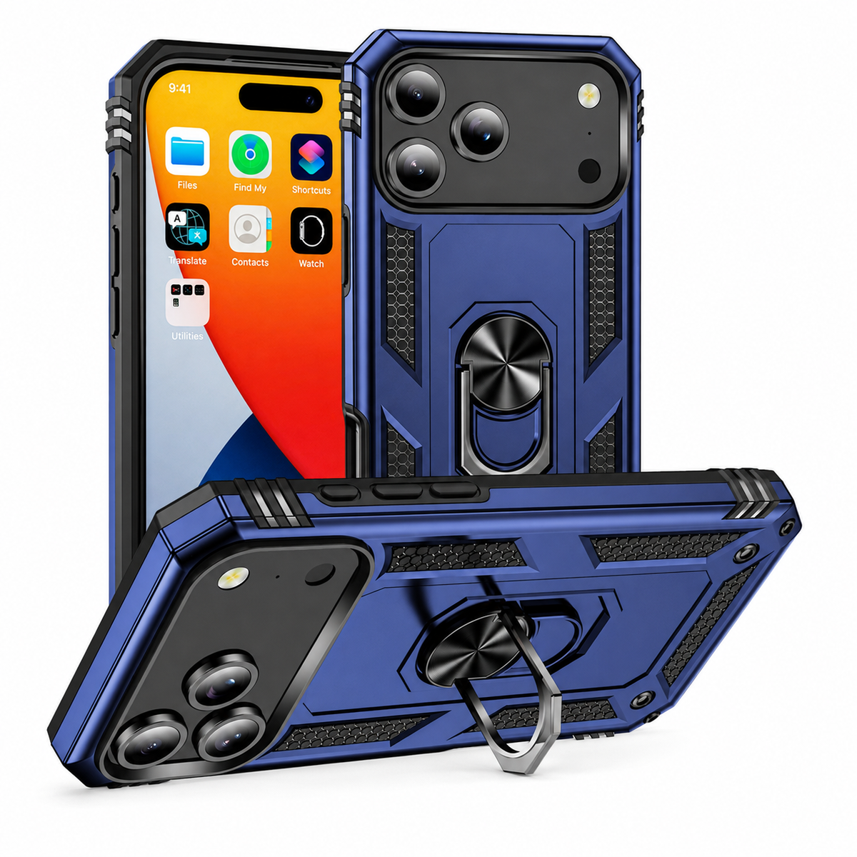 Premium iPhone Case Magnetic Armor Shockproof PC TPU Metal Ring Holder Dual Layer Anti Scratch Matte Non Slip Heavy Duty Protective Bumper Cover