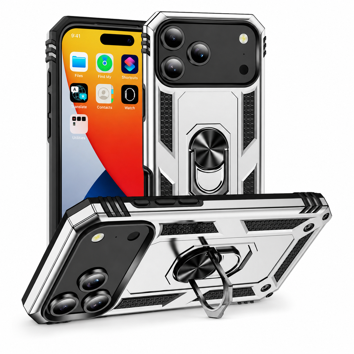 Premium iPhone Case Magnetic Armor Shockproof PC TPU Metal Ring Holder Dual Layer Anti Scratch Matte Non Slip Heavy Duty Protective Bumper Cover