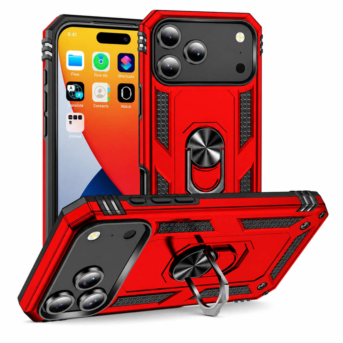 Premium iPhone Case Magnetic Armor Shockproof PC TPU Metal Ring Holder Dual Layer Anti Scratch Matte Non Slip Heavy Duty Protective Bumper Cover