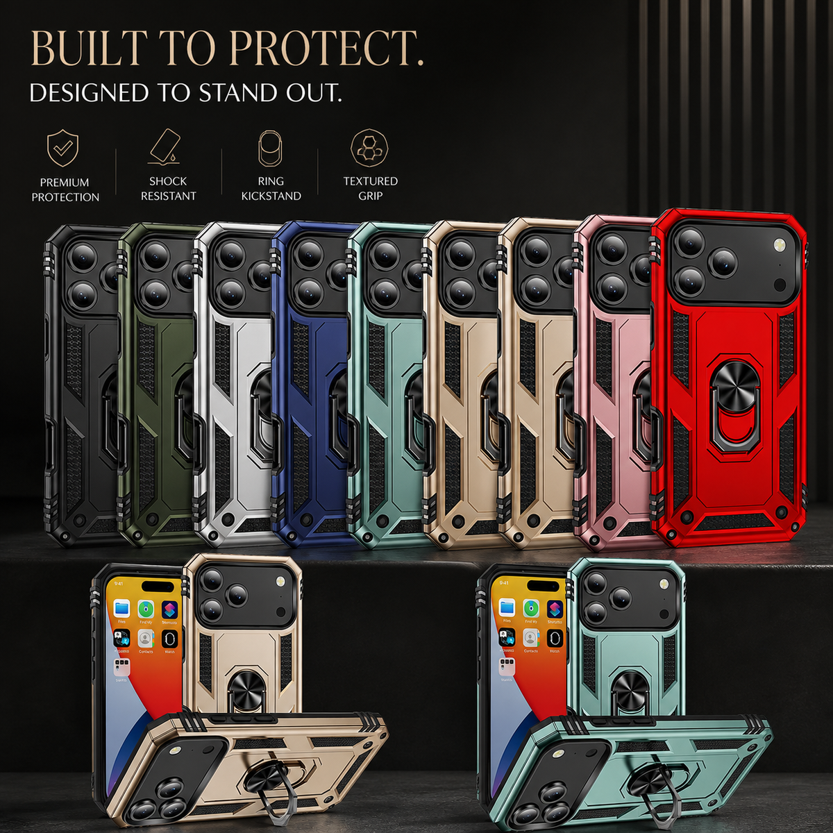 Premium iPhone Case Magnetic Armor Shockproof PC TPU Metal Ring Holder Dual Layer Anti Scratch Matte Non Slip Heavy Duty Protective Bumper Cover