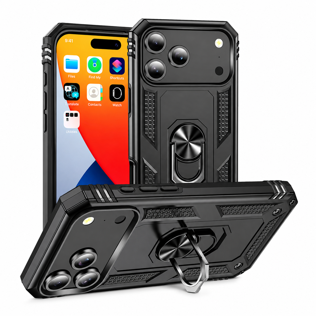Premium iPhone Case Magnetic Armor Shockproof PC TPU Metal Ring Holder Dual Layer Anti Scratch Matte Non Slip Heavy Duty Protective Bumper Cover