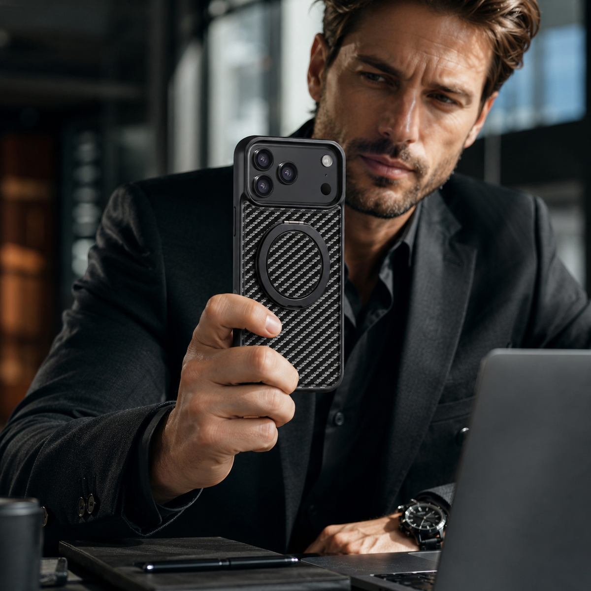 Premium iPhone Case Magnetic Carbon Fiber Faux Leather 360 Rotating Ring Stand Shockproof PC TPU Anti Scratch Non Slip Dual Layer Protective Cover