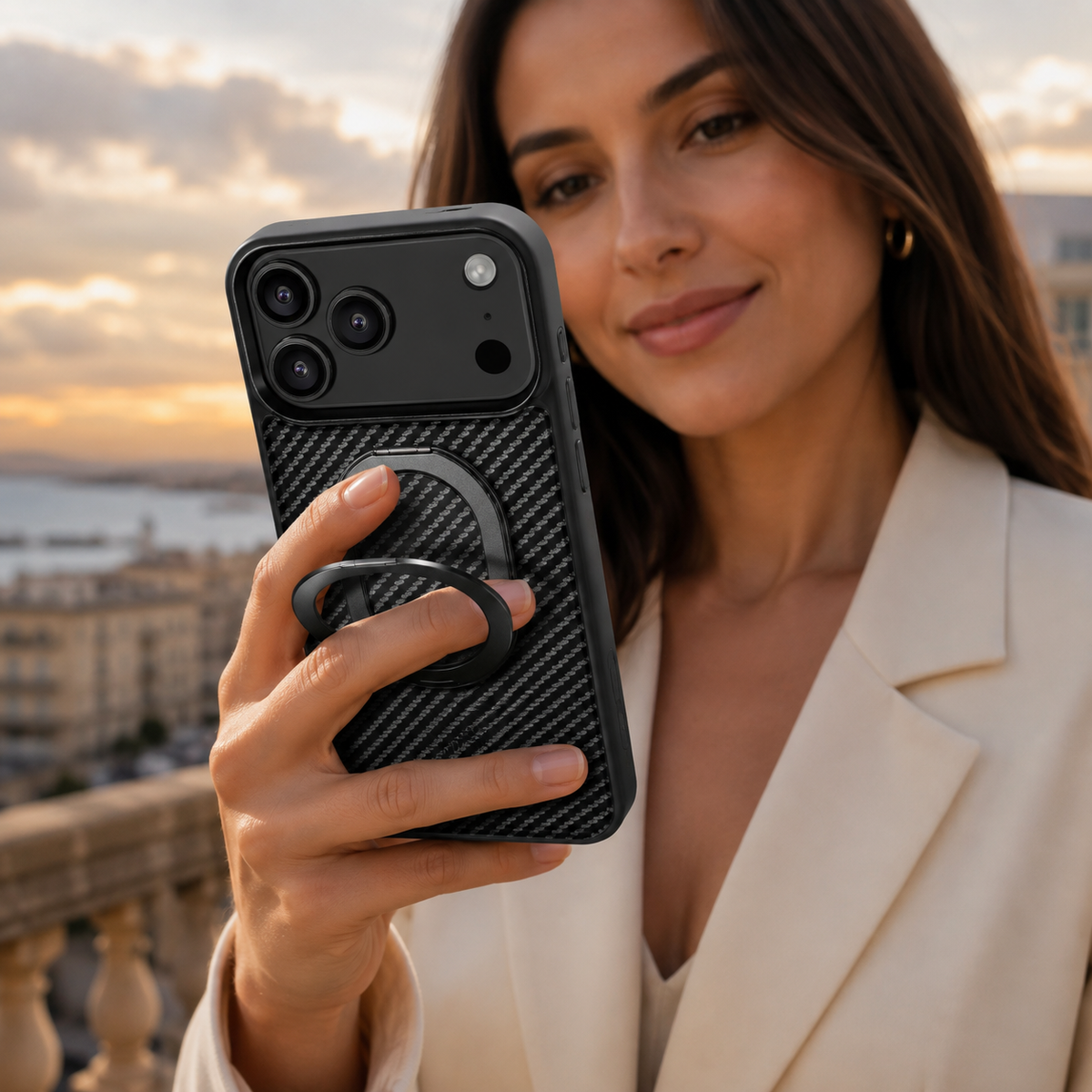 Premium iPhone Case Magnetic Carbon Fiber Faux Leather 360 Rotating Ring Stand Shockproof PC TPU Anti Scratch Non Slip Dual Layer Protective Cover