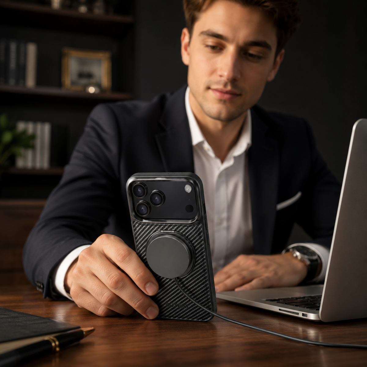 Premium iPhone Case Magnetic Carbon Fiber Faux Leather 360 Rotating Ring Stand Shockproof PC TPU Anti Scratch Non Slip Dual Layer Protective Cover