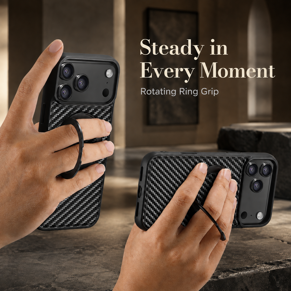 Premium iPhone Case Magnetic Carbon Fiber Faux Leather 360 Rotating Ring Stand Shockproof PC TPU Anti Scratch Non Slip Dual Layer Protective Cover