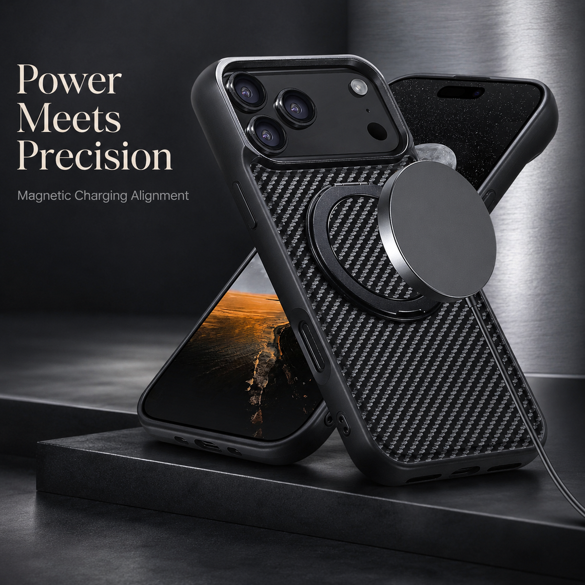 Premium iPhone Case Magnetic Carbon Fiber Faux Leather 360 Rotating Ring Stand Shockproof PC TPU Anti Scratch Non Slip Dual Layer Protective Cover