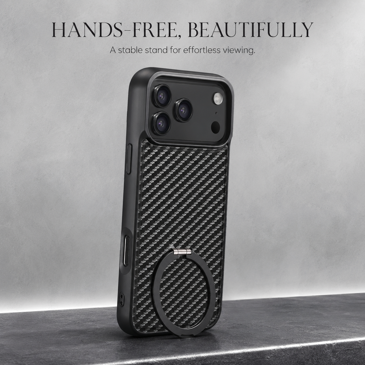Premium iPhone Case Magnetic Carbon Fiber Faux Leather 360 Rotating Ring Stand Shockproof PC TPU Anti Scratch Non Slip Dual Layer Protective Cover