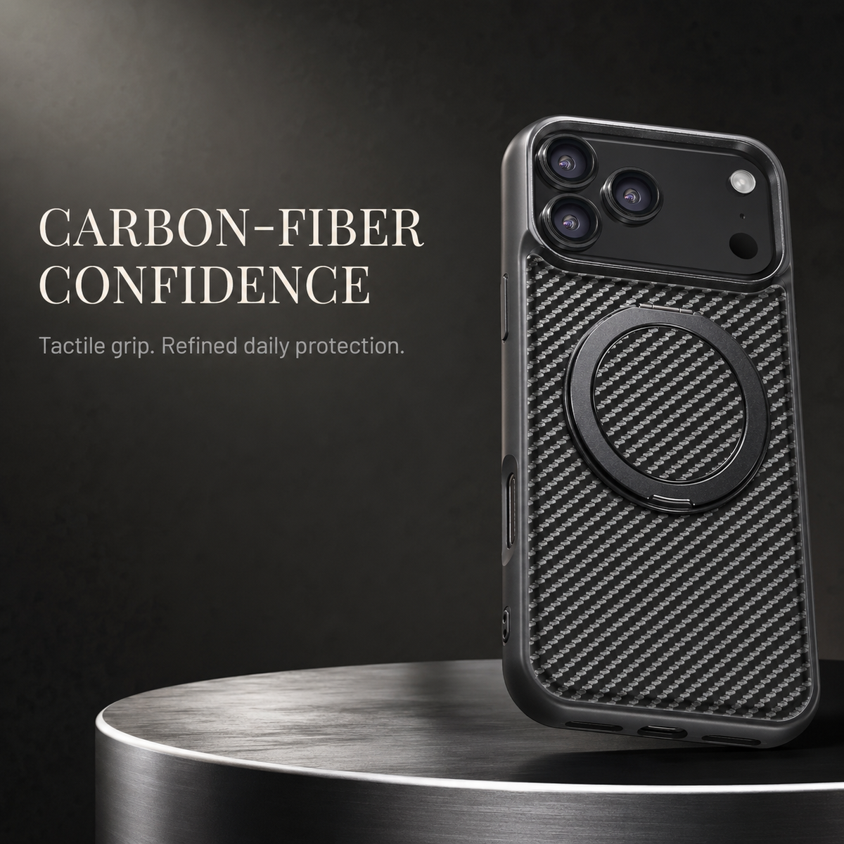 Premium iPhone Case Magnetic Carbon Fiber Faux Leather 360 Rotating Ring Stand Shockproof PC TPU Anti Scratch Non Slip Dual Layer Protective Cover