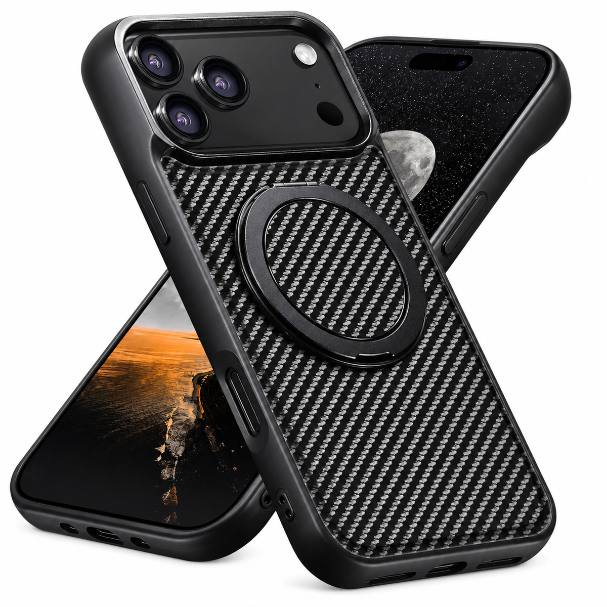 Premium iPhone Case Magnetic Carbon Fiber Faux Leather 360 Rotating Ring Stand Shockproof PC TPU Anti Scratch Non Slip Dual Layer Protective Cover
