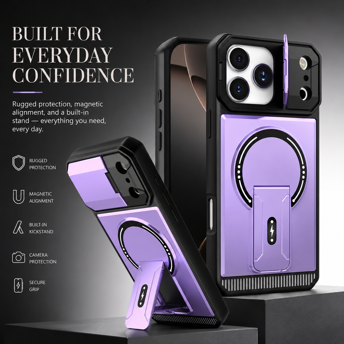 Premium iPhone Case Magnetic Carbon Fiber Leather Kickstand Camera Lens Protection Shockproof Slim Stand Holder Protective Cover