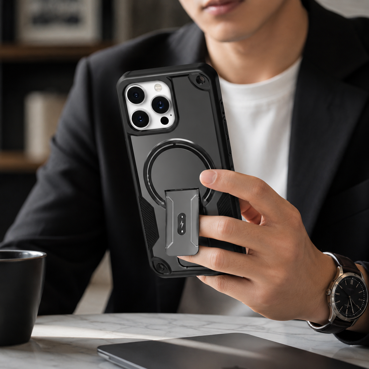 Premium iPhone Case Magnetic Carbon Fiber Leather Kickstand Camera Lens Protection Shockproof Slim Stand Holder Protective Cover