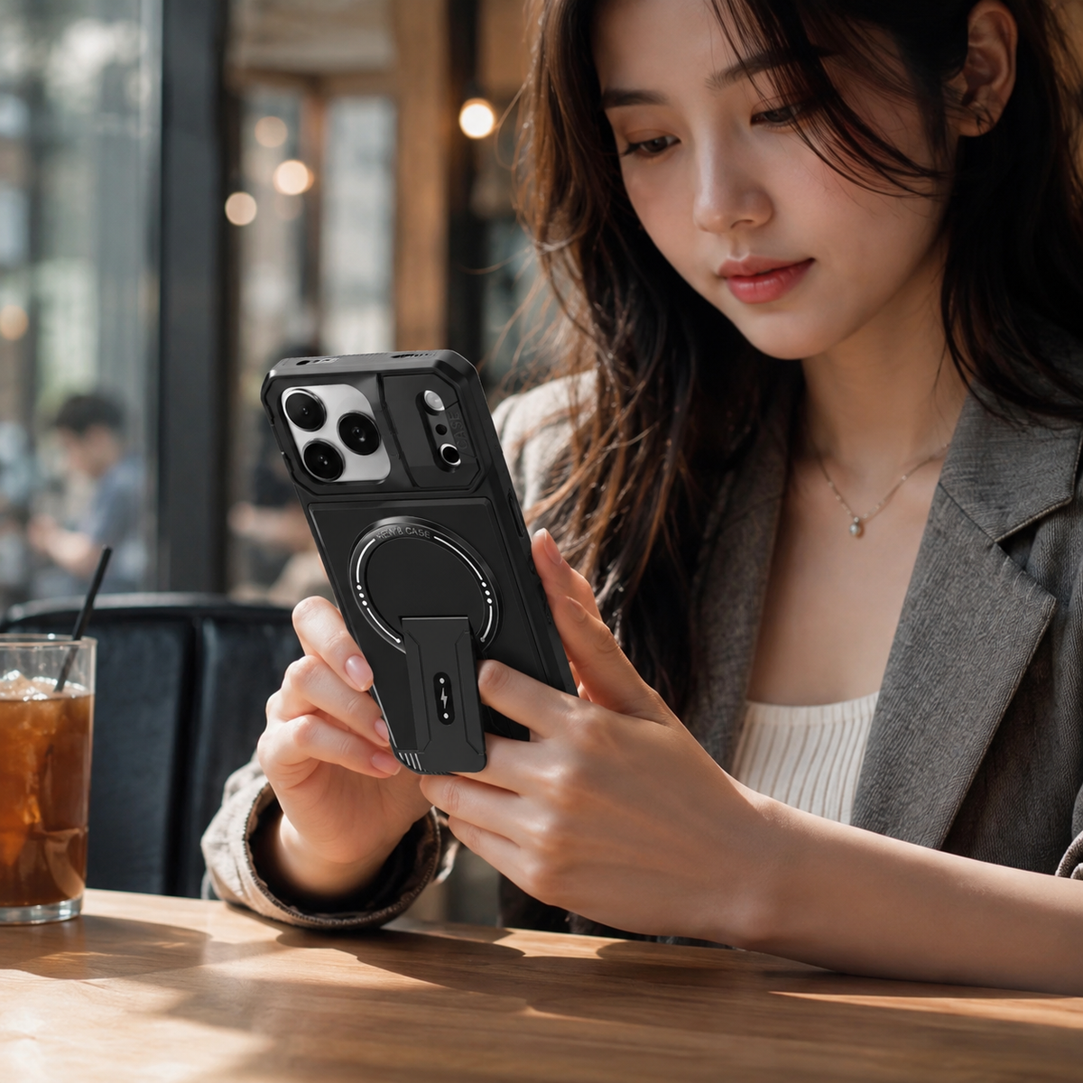 Premium iPhone Case Magnetic Carbon Fiber Leather Kickstand Camera Lens Protection Shockproof Slim Stand Holder Protective Cover