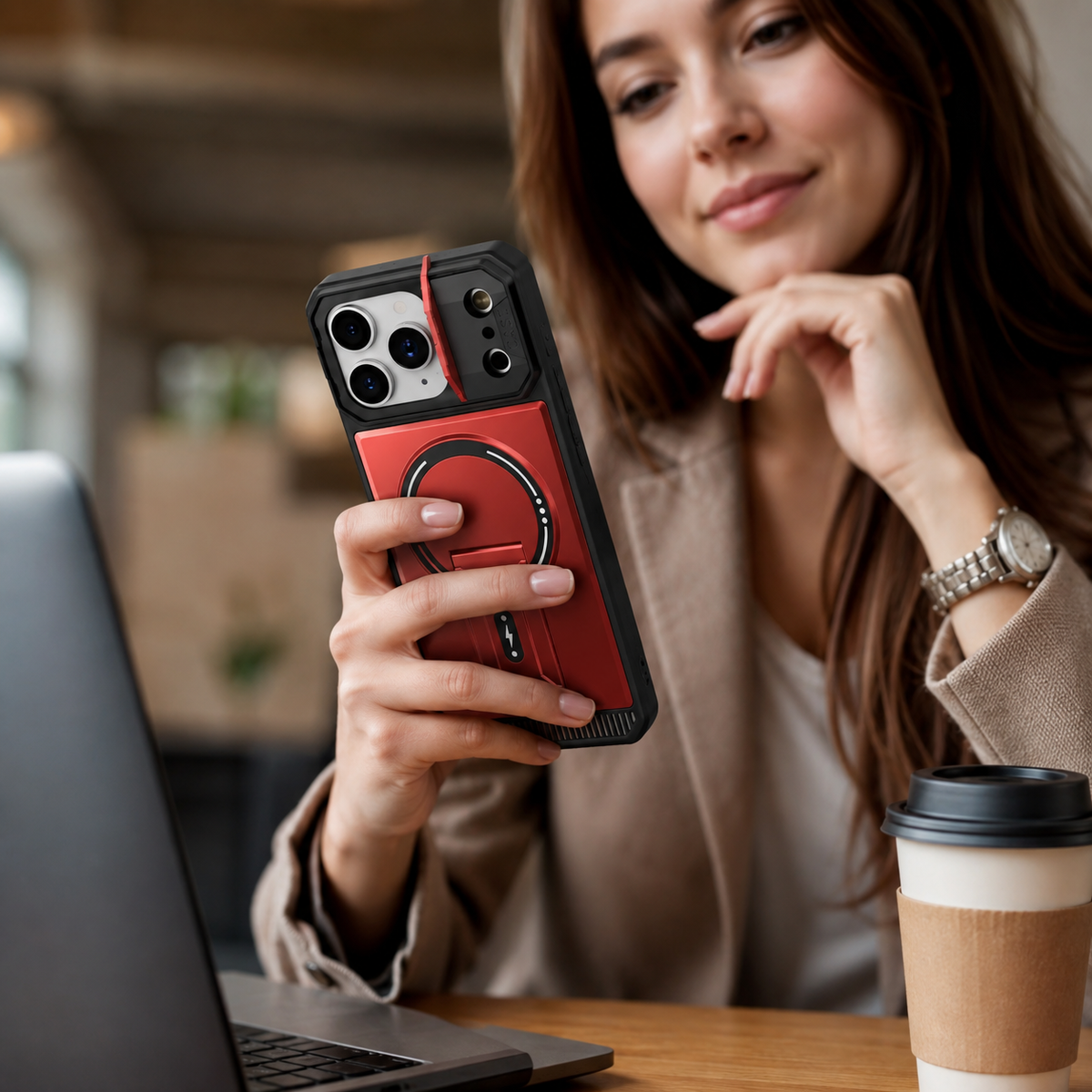 Premium iPhone Case Magnetic Carbon Fiber Leather Kickstand Camera Lens Protection Shockproof Slim Stand Holder Protective Cover