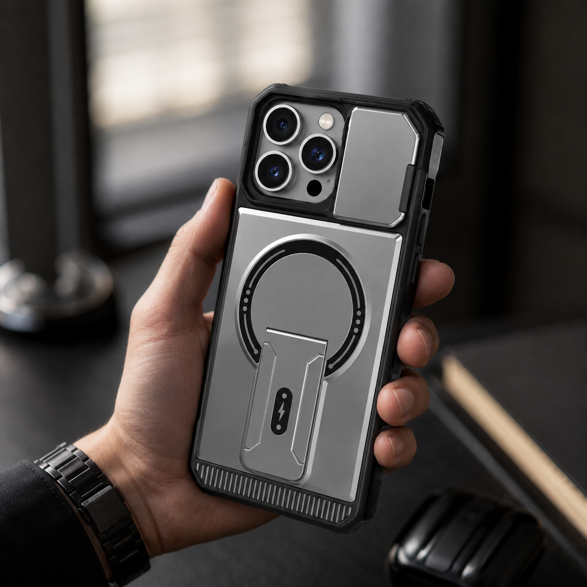 Premium iPhone Case Magnetic Carbon Fiber Leather Kickstand Camera Lens Protector Stand Holder Shockproof Slim Protective Cover