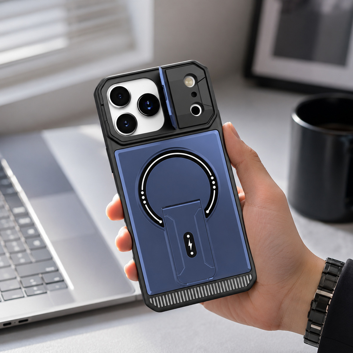 Premium iPhone Case Magnetic Carbon Fiber Leather Kickstand Camera Lens Protector Stand Holder Shockproof Slim Protective Cover