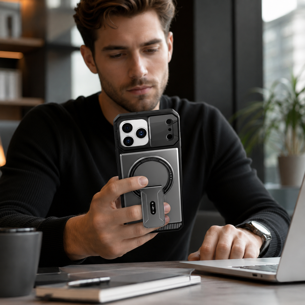 Premium iPhone Case Magnetic Carbon Fiber Leather Kickstand Camera Lens Protector Stand Holder Shockproof Slim Protective Cover