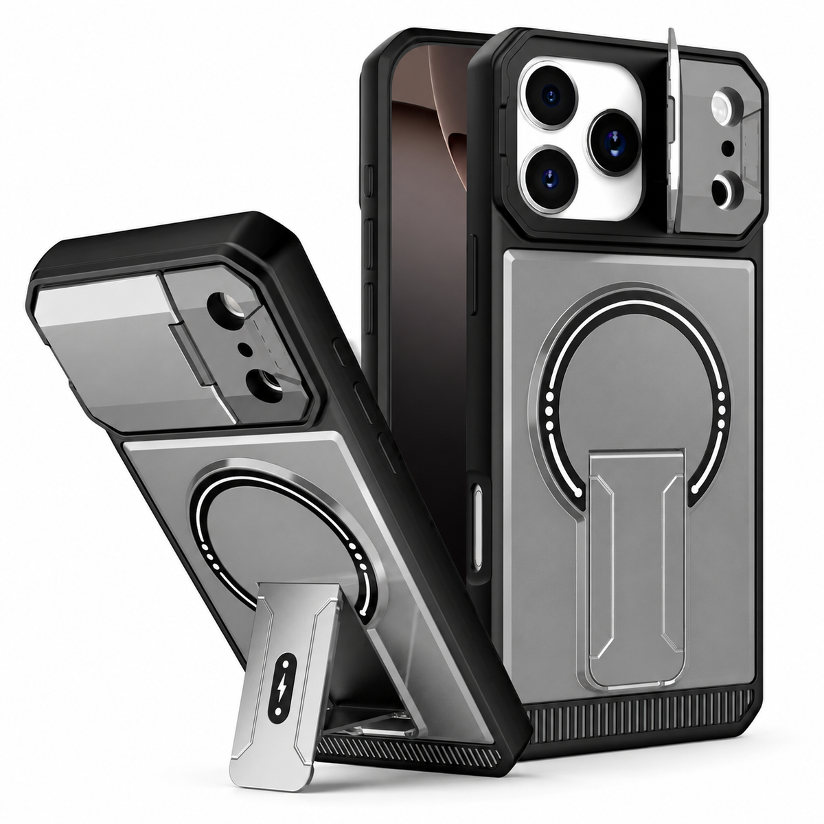 Premium iPhone Case Magnetic Carbon Fiber Leather Kickstand Camera Lens Protector Stand Holder Shockproof Slim Protective Cover