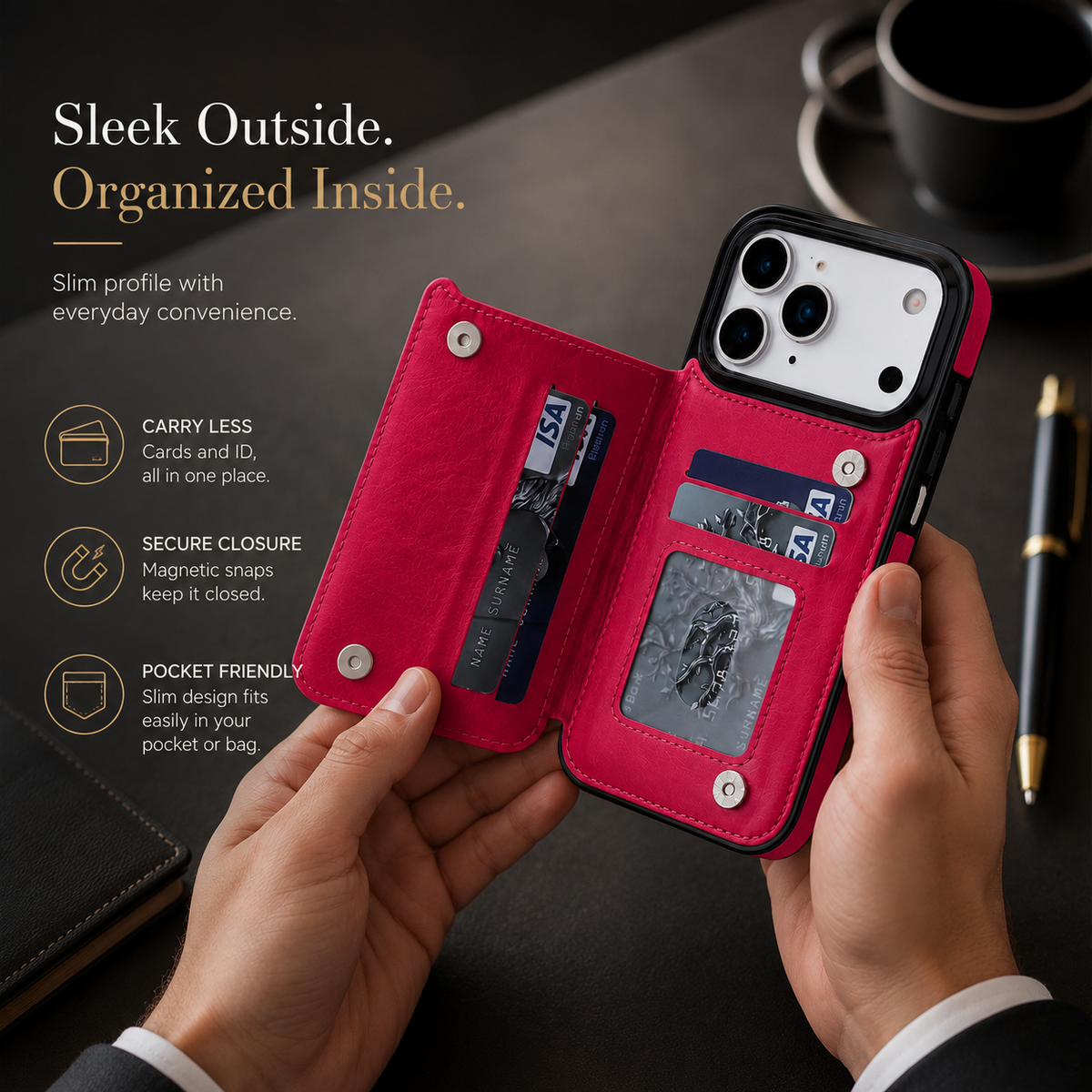 Premium iPhone Case Magnetic Flip Wallet Cover Faux Leather Card Holder Kickstand Shockproof Full Protection Camera Lens Guard Slim Protective Design