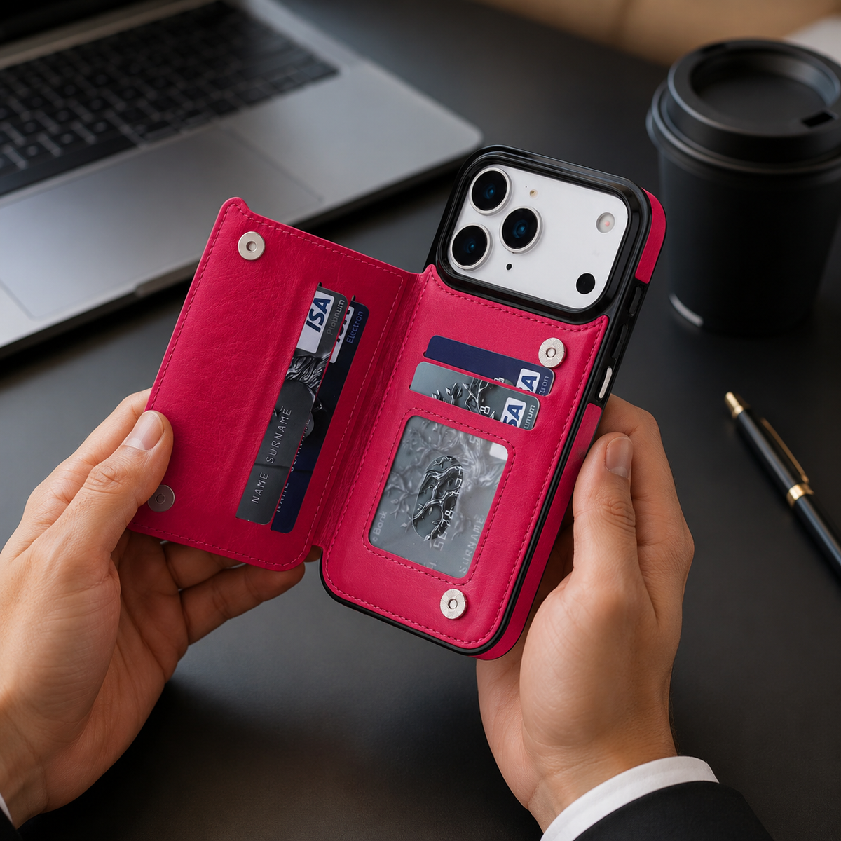 Premium iPhone Case Magnetic Flip Wallet Cover Faux Leather Card Holder Kickstand Shockproof Full Protection Camera Lens Guard Slim Protective Design