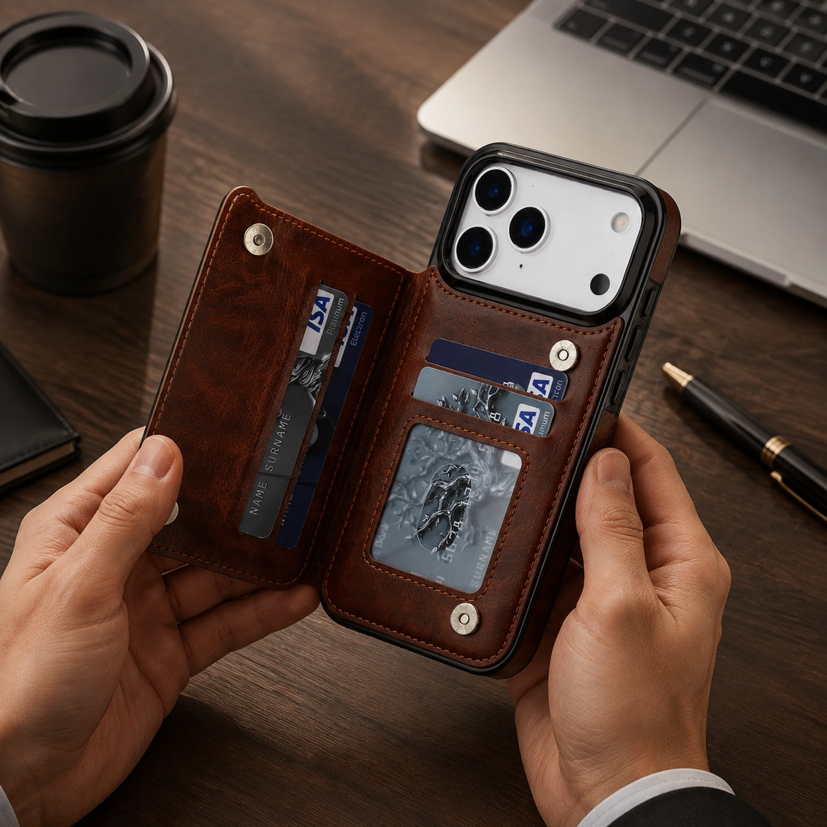 Premium iPhone Case Magnetic Flip Wallet Cover Faux Leather Card Holder Kickstand Shockproof Full Protection Camera Lens Guard Slim Protective Design