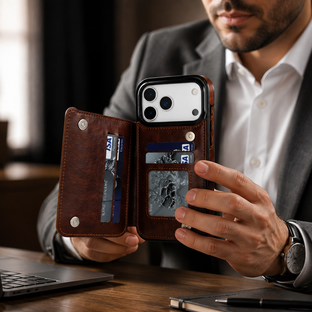 Premium iPhone Case Magnetic Flip Wallet Cover Faux Leather Card Holder Kickstand Shockproof Full Protection Camera Lens Guard Slim Protective Design