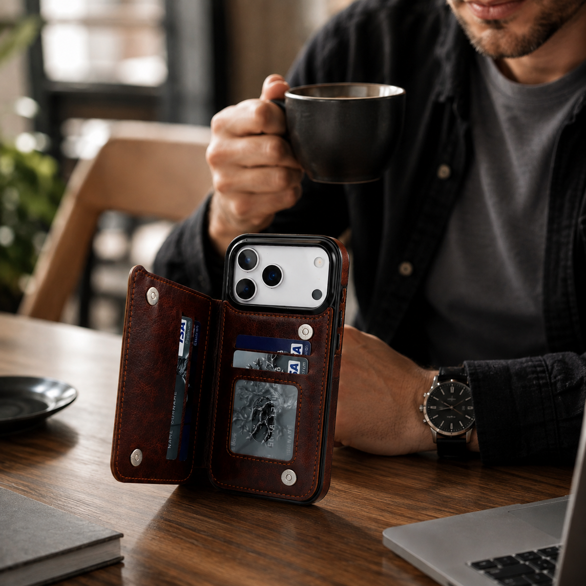 Premium iPhone Case Magnetic Flip Wallet Cover Faux Leather Card Holder Kickstand Shockproof Full Protection Camera Lens Guard Slim Protective Design