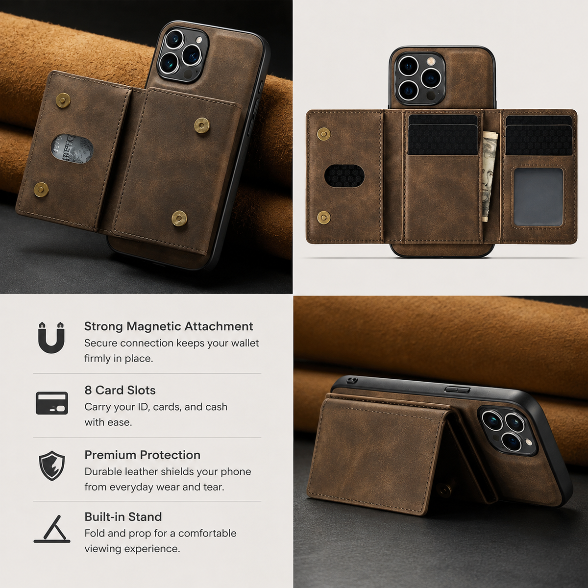 Premium iPhone Case Magnetic Leather Wallet Card Holder Money Pocket Kickstand Shockproof Protective Cover Anti Fingerprint Non Slip Slim Secure Storage