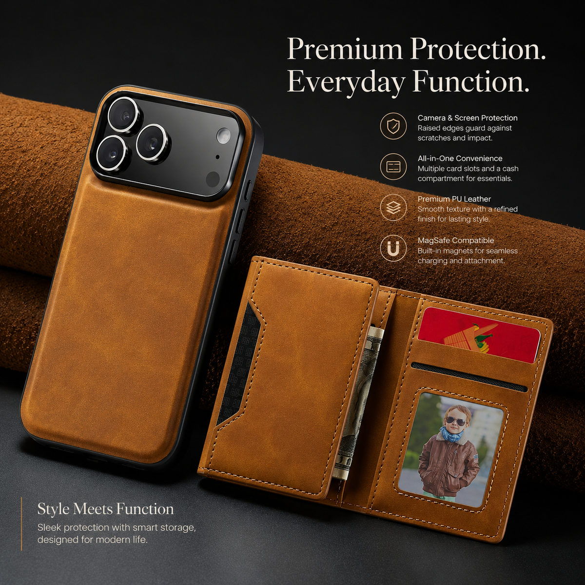 Premium iPhone Case Magnetic Leather Wallet Card Holder Money Pocket Kickstand Shockproof Protective Cover Anti Fingerprint Non Slip Slim Secure Storage