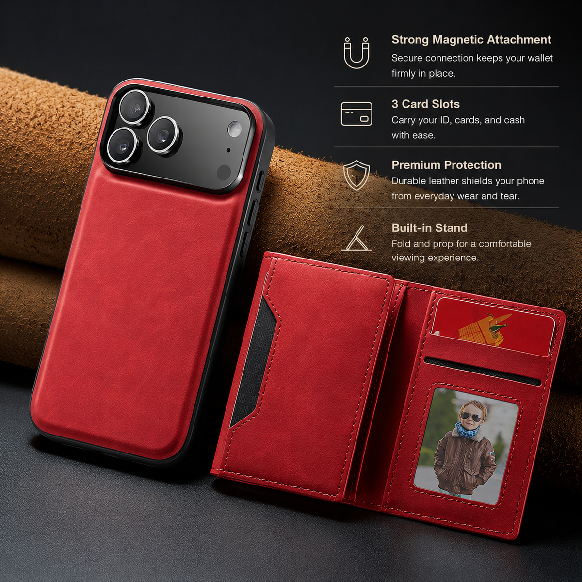 Premium iPhone Case Magnetic Leather Wallet Card Holder Money Pocket Kickstand Shockproof Protective Cover Anti Fingerprint Non Slip Slim Secure Storage