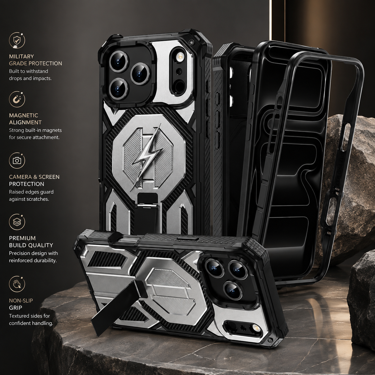 Premium iPhone Case Magnetic Military Grade Cover Shockproof Heavy Duty Protective Ring Stand Full Coverage Camera Lens Guard Rugged Slim Durable Design
