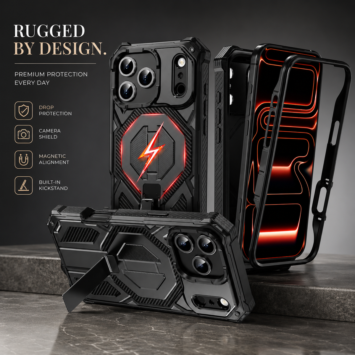 Premium iPhone Case Magnetic Military Grade Cover Shockproof Heavy Duty Protective Ring Stand Full Coverage Camera Lens Guard Rugged Slim Durable Design
