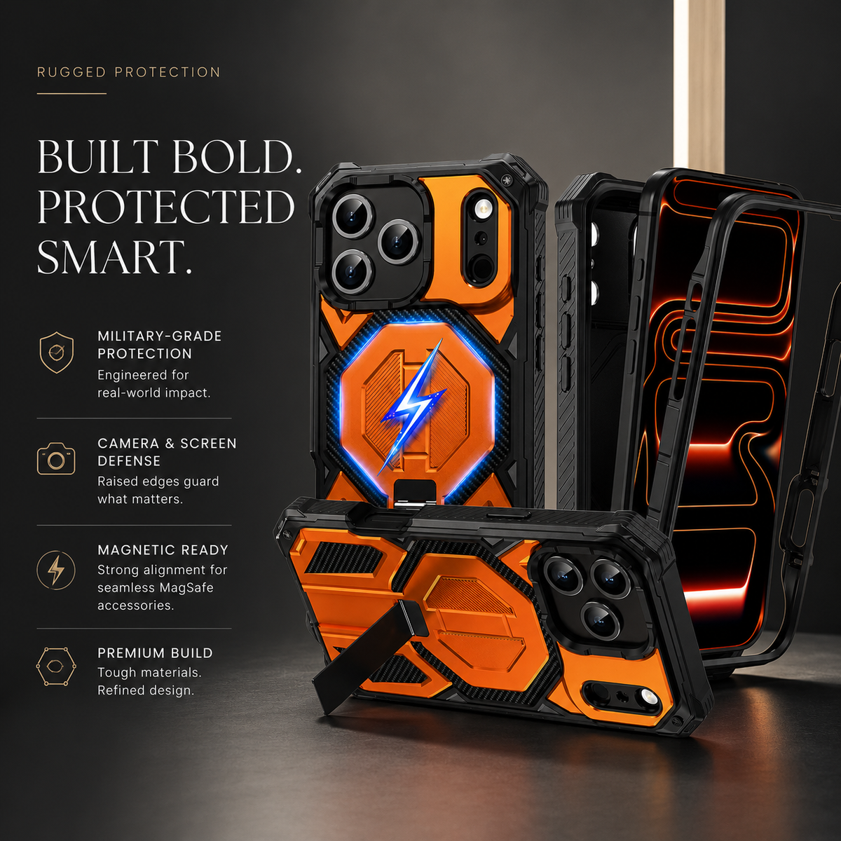 Premium iPhone Case Magnetic Military Grade Cover Shockproof Heavy Duty Protective Ring Stand Full Coverage Camera Lens Guard Rugged Slim Durable Design