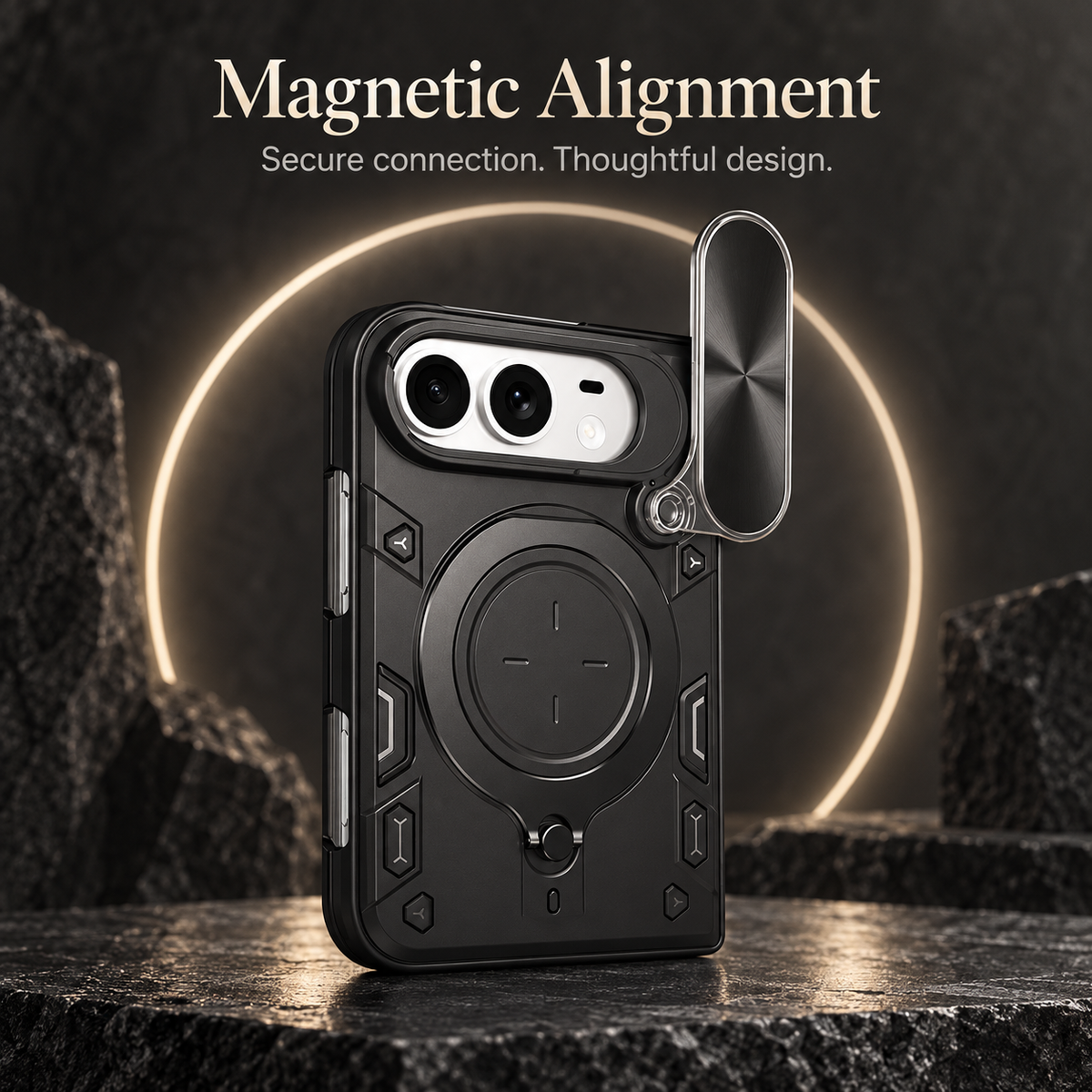 Premium iPhone Case Magnetic Ring Holder Foldable Armor Slide Camera Protector Shockproof PC TPU Heavy Duty Dual Layer Protective Cover Kickstand Case
