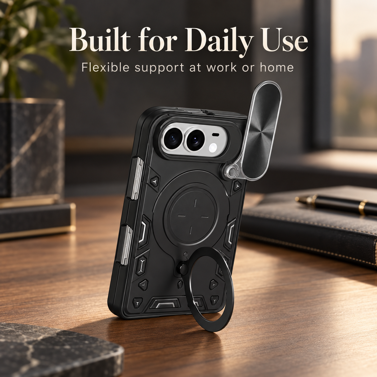 Premium iPhone Case Magnetic Ring Holder Foldable Armor Slide Camera Protector Shockproof PC TPU Heavy Duty Dual Layer Protective Cover Kickstand Case