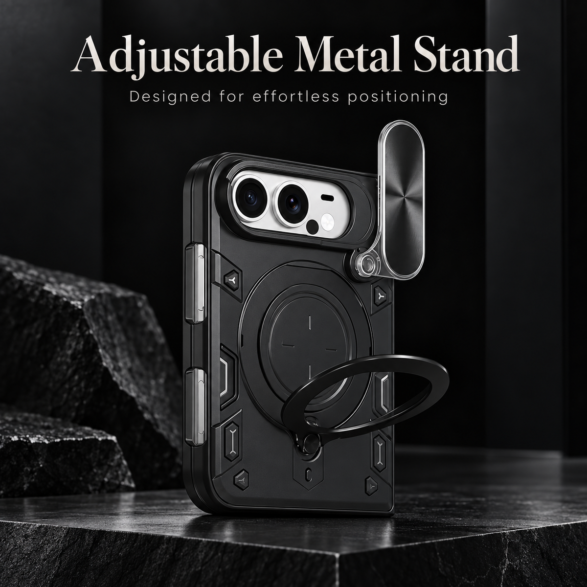 Premium iPhone Case Magnetic Ring Holder Foldable Armor Slide Camera Protector Shockproof PC TPU Heavy Duty Dual Layer Protective Cover Kickstand Case