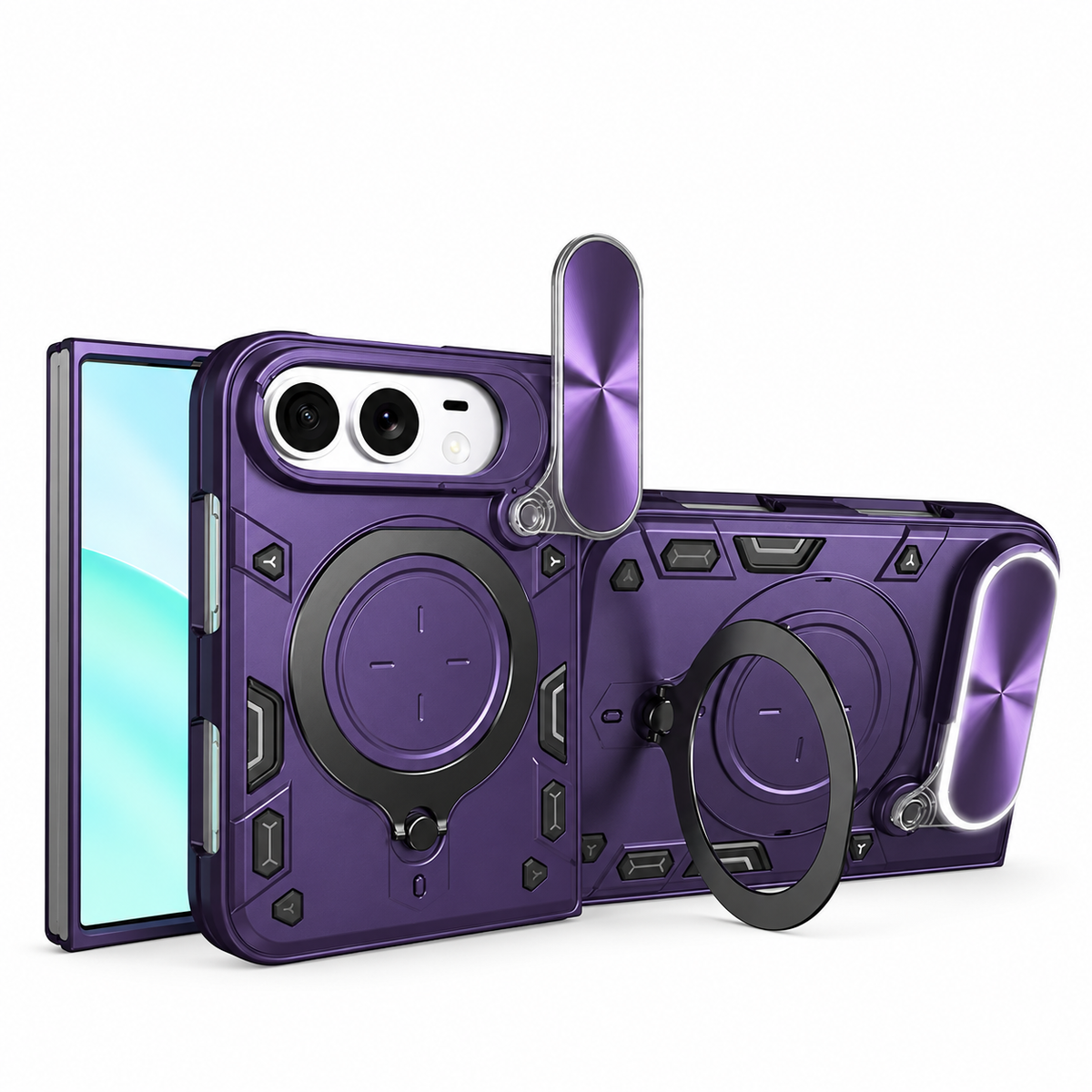 Premium iPhone Case Magnetic Ring Holder Foldable Armor Slide Camera Protector Shockproof PC TPU Heavy Duty Dual Layer Protective Cover Kickstand Case